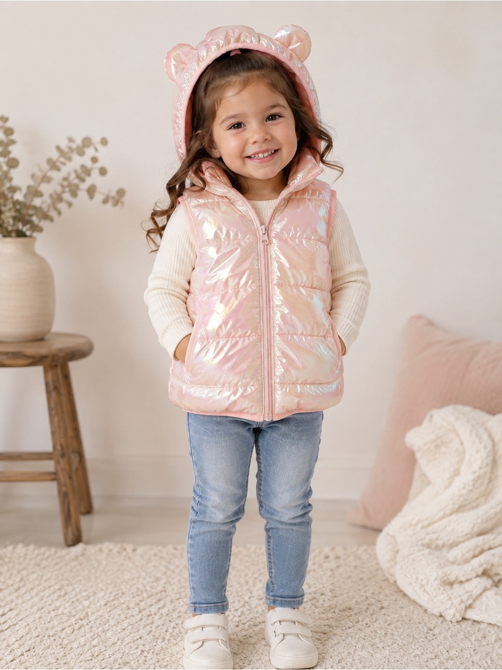 Girls Pink Iridescent Puffer Vest Bear Ear Hood Zip Up Size 120 (4-6yr)